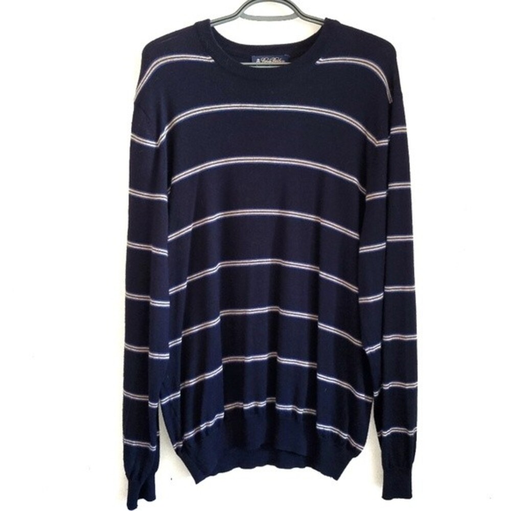 Vintage Brooks Brothers Italian Merino Wool Striped Crewneck Sweater Large Navy